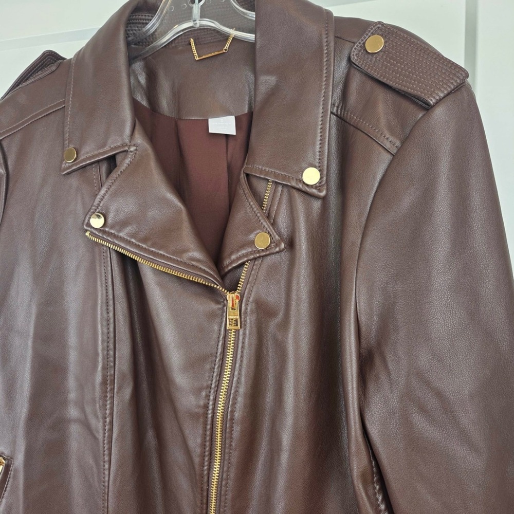 Chicos Brown Faux Leather Moto Jacket Size 3 US 16/18 Gold Hardware Asymmetrical - Picture 3 of 16